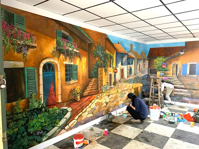 Vẽ tranh tường phố Vintage cho quán coffee và tea tại Lĩnh Nam - Hà Nội