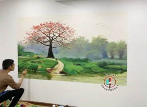 Vẽ tranh tường 3d phong cảnh phòng khách tại Chung cư Starlake Tây Hồ Tây - Hà Nội