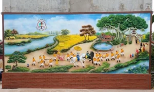 Đắp tranh tường bằng xi măng Vinh Quy Bái Tổ tại Ninh Bình