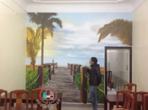 Vẽ tranh tường 3d cảnh bình minh trên biển tại nhà hàng Số 1 Nguyễn Sơn – Long-Biên – Hà Nội