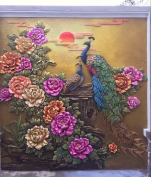 tranh xi măng đắp nổi bức chim công phu thê viên mãn - ms58