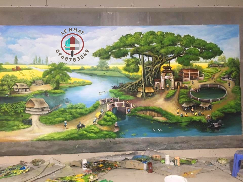 Thi công thực tế Tranh đắp nổi phong cảnh đồng quê tại Mỹ Đình 2 - Hà Nội
