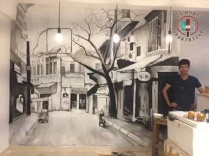 Tranh tường quán cafe đen trắng tại Trần Thái Tông - quận Cầu Giấy - Hà Nội