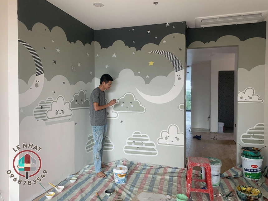 Vẽ tranh tường không gian vũ trụ cho bé trai - Ms008 5 Tranh ve tuong cho be phong cach Han Quoc hien dai