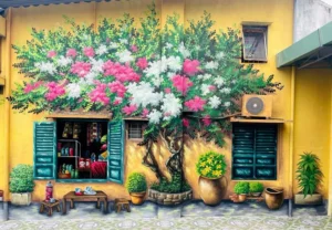 Vẽ quán trà chanh cây hoa giấy - Ms882