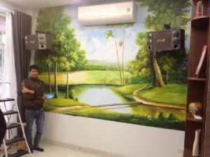 Vẽ tranh phong cảnh phòng khách tại Kđt Song Phương - Hoài Đức - Hà Nội