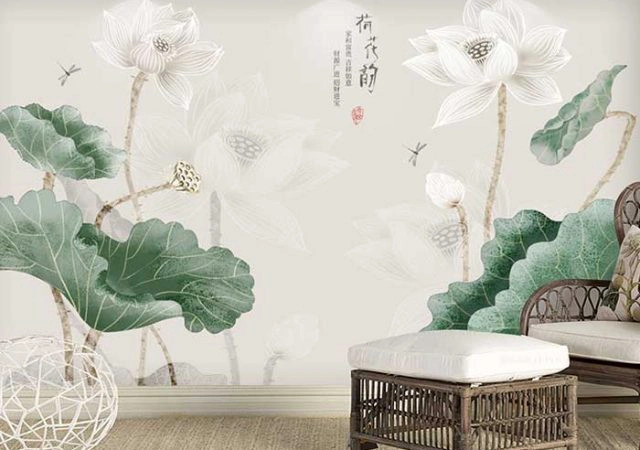 Vẽ tranh tường phòng khách hình hoa sen 1 Vẽ tranh tường phòng khách hình hoa sen