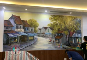 Vẽ tranh tường quán cà phê phố cổ tại Nguyễn Văn Cừ - Long Biên - Hà Nội