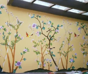 Vẽ tranh tường quán cafe hoa lá vintage