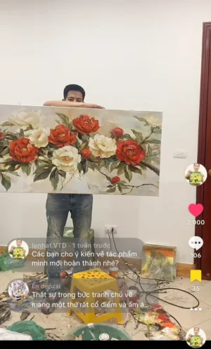 sp thực tế, bức vẽ tranh sơn dầu hoa mẫu đơn treo phòng ngủ được nhiều khán giả đón nhận: