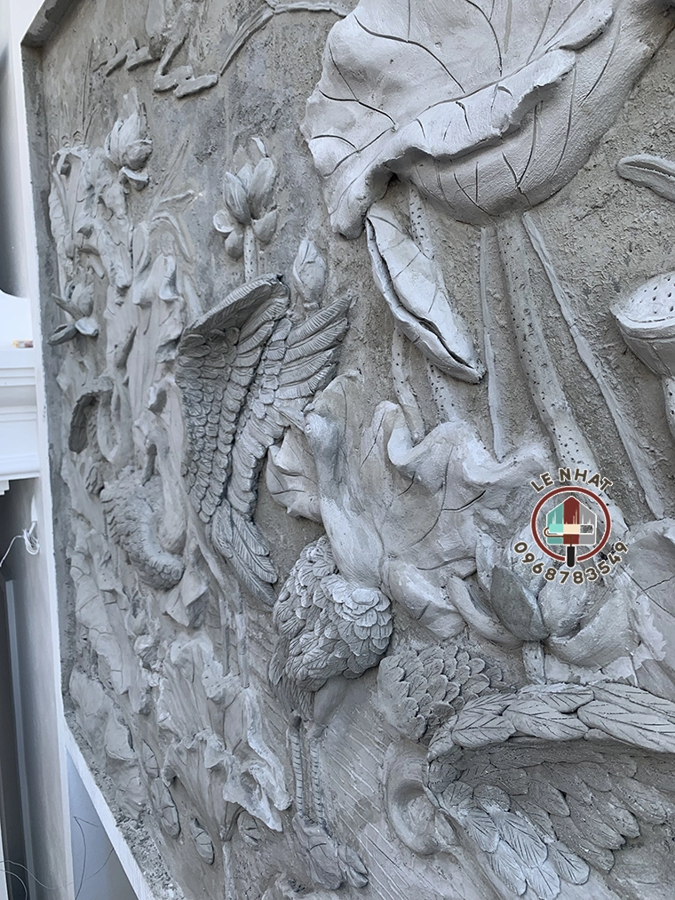 Độ nổi thực tế Tranh đắp nổi 3d sen hạc tại Quốc Oai - Hà Nội