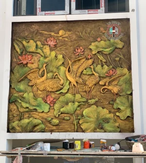 Tranh đắp nổi 3d sen hạc tại Quốc Oai - Hà Nội