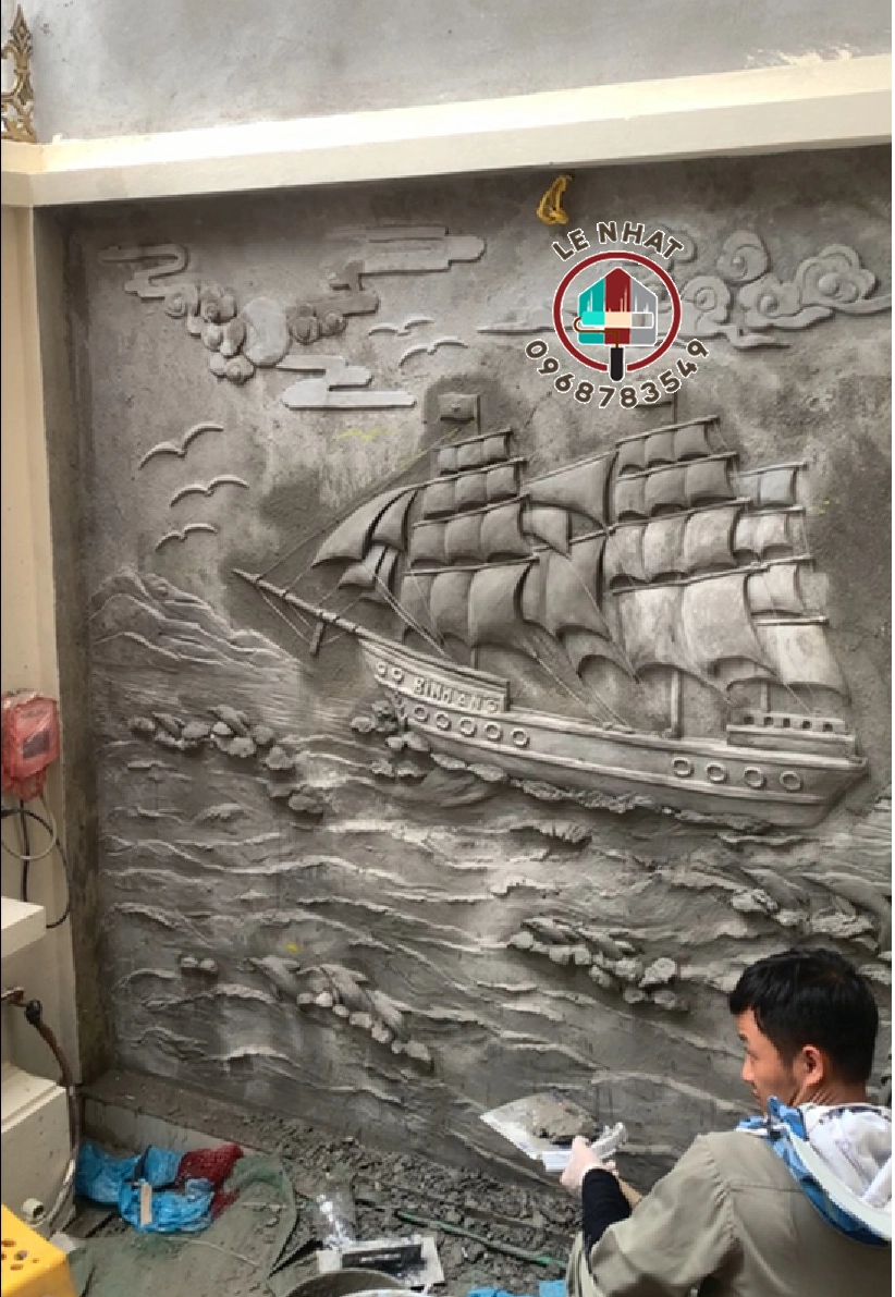Hoàn thiện phần đắp xi măng tranh đắp giả đồng Thuận Buồm Xuôi Gió tại Lạc Đạo – Văn Lâm – Hưng Yên
